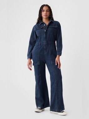 GAP Sz 16T Blue Denim Boiler Jumpsuit Cargo Style Wide Leg Pockets Buttoned